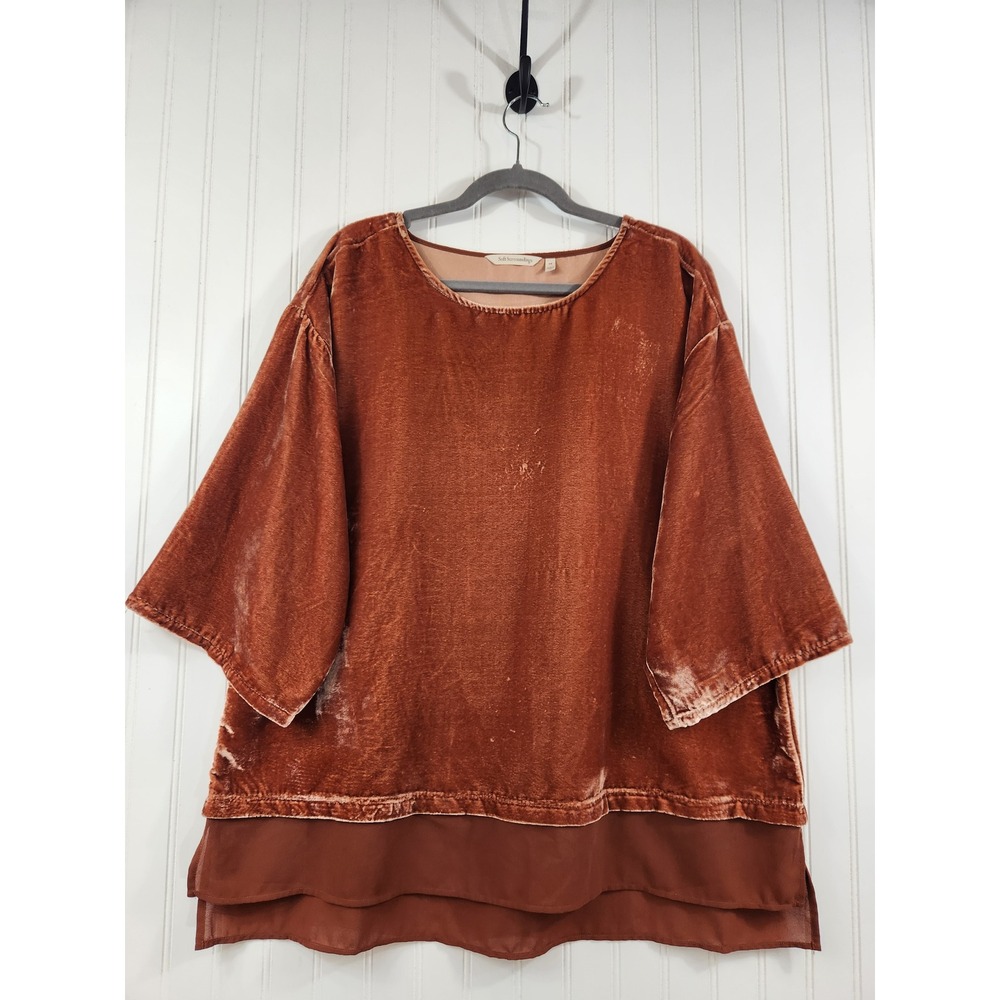 Soft Surroundings Rust Brown Velvet Layered Hem Tunic Top 1X Kimono Sleeve Plush